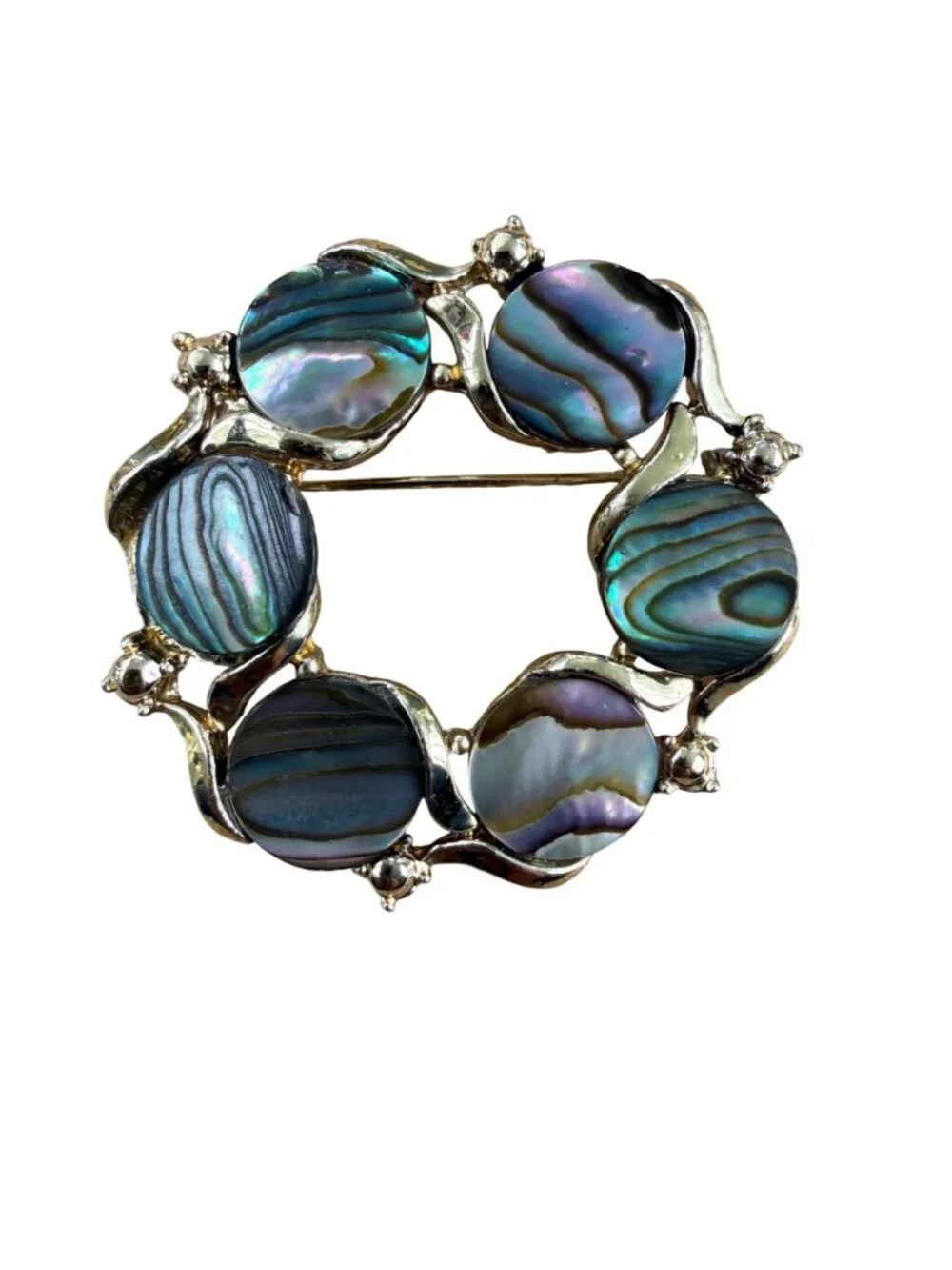 Vintage Abalone Shell Circle Brooch Silver Tone Wreath Pin Paua Statement Jewelr